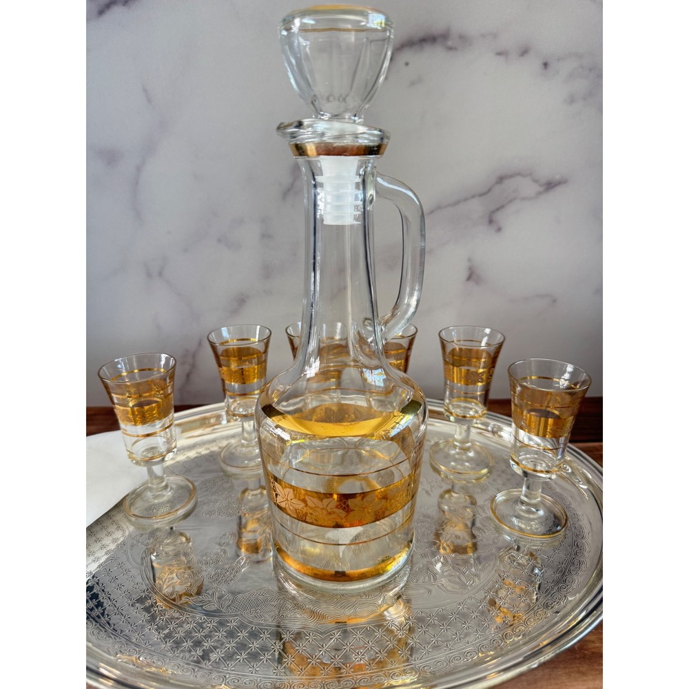 Mid Century Decanter Set Gold Rim Glasses Vintage Barware - Picture 5 of 8